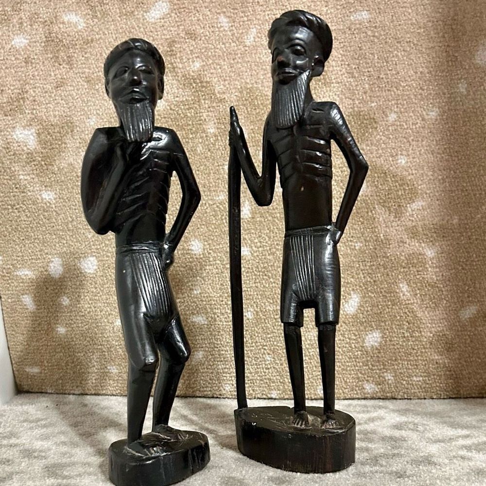 Vintage Pair of Hand Carved Tanganyika East African Tribesmen Statues Ebony 10”H